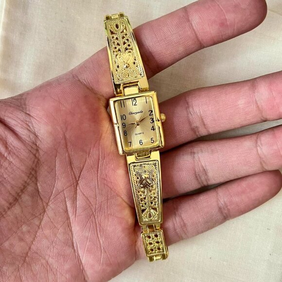 2000s vintage cute gold rectangle stainless steel quartz luxury watch - Picture 4 of 8